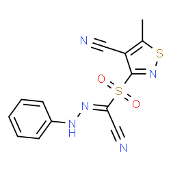 ChemSpider 2D Image | 3-{[(E)-Cyano(phenylhydrazono)methyl]sulfonyl}-5-methyl-1,2-thiazole-4-carbonitrile | C13H9N5O2S2