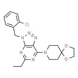 ChemSpider 2D Image | 3-(2-Chloro-benzyl)-7-(1,4-dioxa-8-aza-spiro[4.5]dec-8-yl)-5-ethyl-3H-[1,2,3]triazolo[4,5-d]pyrimidine | C20H23ClN6O2