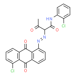 ChemSpider 2D Image | 2-[(E)-(5-Chloro-9,10-dioxo-9,10-dihydro-1-anthracenyl)diazenyl]-N-(2-chlorophenyl)-3-oxobutanamide | C24H15Cl2N3O4