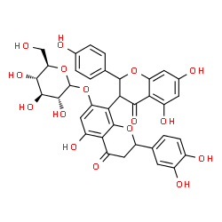 ChemSpider 2D Image | 2'-(3,4-Dihydroxyphenyl)-5,5',7-trihydroxy-2-(4-hydroxyphenyl)-4,4'-dioxo-3,3',4,4'-tetrahydro-2H,2'H-3,8'-bichromen-7'-yl D-glucopyranoside | C36H32O16