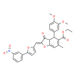 ChemSpider 2D Image | Ethyl (2Z)-4-(3,4-dimethoxyphenyl)-6-methyl-2-{[5-(3-nitrophenyl)-2-furyl]methylene}-3-oxo-2,3,3a,4-tetrahydro-1-benzofuran-5-carboxylate | C31H27NO9