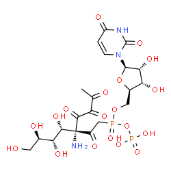 ChemSpider 2D Image | 5'-O-{[(3R,4R,5S,6R)-3-Amino-3-(2,3-dioxobutanoyl)-4,5,6,7-tetrahydroxy-2-oxoheptyl](phosphonooxy)phosphoryl}uridine | C20H29N3O19P2
