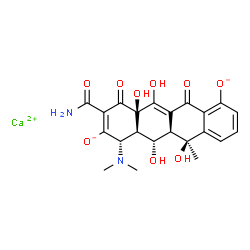 ChemSpider 2D Image | Calcium (5S,5aR,6S,6aR,7S)-9-carbamoyl-7-(dimethylamino)-5,6,10a,11-tetrahydroxy-5-methyl-10,12-dioxo-5,5a,6,6a,7,10,10a,12-octahydro-1,8-tetracenediolate | C22H22CaN2O9