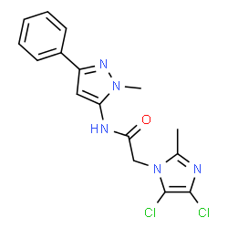ChemSpider 2D Image | 2-(4,5-Dichloro-2-methyl-1H-imidazol-1-yl)-N-(1-methyl-3-phenyl-1H-pyrazol-5-yl)acetamide | C16H15Cl2N5O