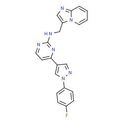ChemSpider 2D Image | 4-[1-(4-Fluorophenyl)-1H-pyrazol-4-yl]-N-(imidazo[1,2-a]pyridin-3-ylmethyl)-2-pyrimidinamine | C21H16FN7