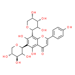 ChemSpider 2D Image | 5,7-Dihydroxy-2-(4-hydroxyphenyl)-6-[(2S,4S,5R)-3,4,5-trihydroxytetrahydro-2H-pyran-2-yl]-8-[(2S,4S,5S)-3,4,5-trihydroxytetrahydro-2H-pyran-2-yl]-4H-chromen-4-one | C25H26O13