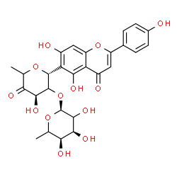 ChemSpider 2D Image | (6R)-2,6-Anhydro-1-deoxy-5-O-(6-deoxy-alpha-L-erythro-hexopyranosyl)-6-[5,7-dihydroxy-2-(4-hydroxyphenyl)-4-oxo-4H-chromen-6-yl]-D-glycero-hex-3-ulose | C27H28O13