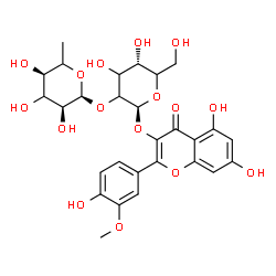 ChemSpider 2D Image | 5,7-Dihydroxy-2-(4-hydroxy-3-methoxyphenyl)-4-oxo-4H-chromen-3-yl 2-O-(6-deoxy-alpha-L-erythro-hexopyranosyl)-beta-D-glycero-hexopyranoside | C28H32O16