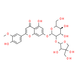 ChemSpider 2D Image | 5-Hydroxy-2-(4-hydroxy-3-methoxyphenyl)-4-oxo-4H-chromen-7-yl 2-O-[(2S)-3,4-dihydroxy-4-(hydroxymethyl)tetrahydro-2-furanyl]-beta-D-threo-hexopyranoside | C27H30O15