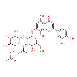 ChemSpider 2D Image | 2-(3,4-Dihydroxyphenyl)-5,8-dihydroxy-4-oxo-4H-chromen-7-yl 3-O-acetyl-2-O-(6-O-acetyl-beta-D-threo-hexopyranosyl)-beta-D-threo-hexopyranoside | C31H34O19