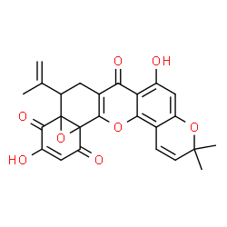 ChemSpider 2D Image | 12,20-Dihydroxy-17-isopropenyl-8,8-dimethyl-3,9,23-trioxahexacyclo[16.4.1.0~1,18~.0~2,15~.0~4,13~.0~5,10~]tricosa-2(15),4,6,10,12,20-hexaene-14,19,22-trione | C25H20O8