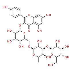 ChemSpider 2D Image | 5,7-Dihydroxy-2-(4-hydroxyphenyl)-4-oxo-4H-chromen-3-yl beta-D-threo-hexopyranosyl-(1->3)-6-deoxy-alpha-L-erythro-hexopyranosyl-(1->6)-alpha-L-glycero-hexopyranoside | C33H40O20