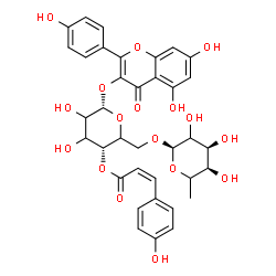 ChemSpider 2D Image | 5,7-Dihydroxy-2-(4-hydroxyphenyl)-4-oxo-4H-chromen-3-yl 6-O-(6-deoxy-alpha-L-erythro-hexopyranosyl)-4-O-[(2Z)-3-(4-hydroxyphenyl)-2-propenoyl]-alpha-L-glycero-hexopyranoside | C36H36O17