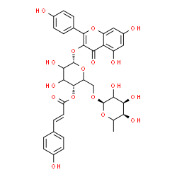 ChemSpider 2D Image | 5,7-Dihydroxy-2-(4-hydroxyphenyl)-4-oxo-4H-chromen-3-yl 6-O-(6-deoxy-alpha-L-erythro-hexopyranosyl)-4-O-[(2E)-3-(4-hydroxyphenyl)-2-propenoyl]-alpha-L-glycero-hexopyranoside | C36H36O17