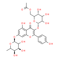 ChemSpider 2D Image | 3-[(6-O-Acetyl-alpha-L-glycero-hexopyranosyl)oxy]-5-hydroxy-2-(4-hydroxyphenyl)-4-oxo-4H-chromen-7-yl 6-deoxy-alpha-L-erythro-hexopyranoside | C29H32O16