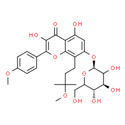 ChemSpider 2D Image | 3,5-Dihydroxy-8-(3-methoxy-3-methylbutyl)-2-(4-methoxyphenyl)-4-oxo-4H-chromen-7-yl beta-D-threo-hexopyranoside | C28H34O12