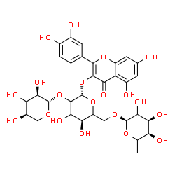 ChemSpider 2D Image | 2-(3,4-Dihydroxyphenyl)-5,7-dihydroxy-4-oxo-4H-chromen-3-yl 6-deoxy-alpha-L-erythro-hexopyranosyl-(1->6)-[(3xi)-beta-D-erythro-pentopyranosyl-(1->2)]-beta-D-glycero-hexopyranoside | C32H38O20