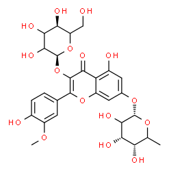 ChemSpider 2D Image | 3-(alpha-L-glycero-Hexopyranosyloxy)-5-hydroxy-2-(4-hydroxy-3-methoxyphenyl)-4-oxo-4H-chromen-7-yl 6-deoxy-alpha-L-erythro-hexopyranoside | C28H32O16