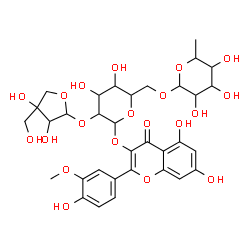 ChemSpider 2D Image | 5,7-Dihydroxy-2-(4-hydroxy-3-methoxyphenyl)-4-oxo-4H-chromen-3-yl 6-O-(6-deoxyhexopyranosyl)-2-O-[3,4-dihydroxy-4-(hydroxymethyl)tetrahydro-2-furanyl]hexopyranoside | C33H40O20