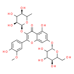ChemSpider 2D Image | 7-(beta-D-threo-Hexopyranosyloxy)-5-hydroxy-2-(4-hydroxy-3-methoxyphenyl)-4-oxo-4H-chromen-3-yl 6-deoxy-alpha-L-erythro-hexopyranoside | C28H32O16