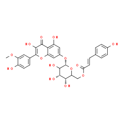 ChemSpider 2D Image | 3,5-Dihydroxy-2-(4-hydroxy-3-methoxyphenyl)-4-oxo-4H-chromen-7-yl 6-O-[(2E)-3-(4-hydroxyphenyl)-2-propenoyl]-alpha-L-erythro-hexopyranoside | C31H28O14