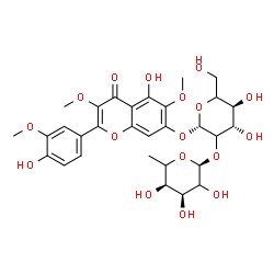 ChemSpider 2D Image | 5-Hydroxy-2-(4-hydroxy-3-methoxyphenyl)-3,6-dimethoxy-4-oxo-4H-chromen-7-yl 2-O-(6-deoxy-alpha-L-erythro-hexopyranosyl)-beta-D-threo-hexopyranoside | C30H36O17