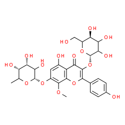 ChemSpider 2D Image | 3-(beta-D-glycero-Hexopyranosyloxy)-5-hydroxy-2-(4-hydroxyphenyl)-8-methoxy-4-oxo-4H-chromen-7-yl 6-deoxy-alpha-L-erythro-hexopyranoside | C28H32O16