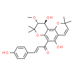 ChemSpider 2D Image | (2E)-1-[(9R,10S)-5,10-Dihydroxy-9-methoxy-2,2,8,8-tetramethyl-9,10-dihydro-2H,8H-pyrano[2,3-f]chromen-6-yl]-3-(4-hydroxyphenyl)-2-propen-1-one | C26H28O7