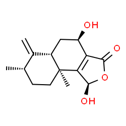 ChemSpider 2D Image | (1R,4R,5aS,7S,9aS)-1,4-Dihydroxy-7,9a-dimethyl-6-methylene-4,5,5a,6,7,8,9,9a-octahydronaphtho[1,2-c]furan-3(1H)-one | C15H20O4