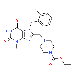 ChemSpider 2D Image | Ethyl 4-{[3-methyl-7-(2-methylbenzyl)-2,6-dioxo-2,3,6,7-tetrahydro-1H-purin-8-yl]methyl}-1-piperazinecarboxylate | C22H28N6O4