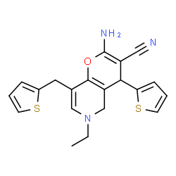 ChemSpider 2D Image | 2-Amino-6-ethyl-4-(2-thienyl)-8-(2-thienylmethyl)-5,6-dihydro-4H-pyrano[3,2-c]pyridine-3-carbonitrile | C20H19N3OS2
