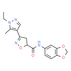 ChemSpider 2D Image | N-(1,3-benzodioxol-5-yl)-3-(1-ethyl-5-methyl-4-pyrazolyl)-4,5-dihydroisoxazole-5-carboxamide | C17H18N4O4