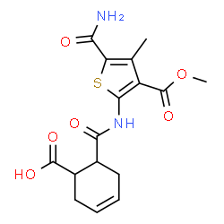 ChemSpider 2D Image | 6-{[5-Carbamoyl-3-(methoxycarbonyl)-4-methyl-2-thienyl]carbamoyl}-3-cyclohexene-1-carboxylic acid | C16H18N2O6S