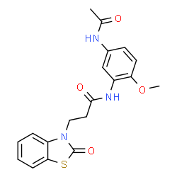 ChemSpider 2D Image | N-(5-Acetamido-2-methoxyphenyl)-3-(2-oxo-1,3-benzothiazol-3(2H)-yl)propanamide | C19H19N3O4S