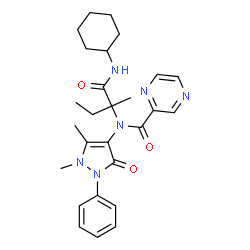 ChemSpider 2D Image | N-[1-(Cyclohexylamino)-2-methyl-1-oxo-2-butanyl]-N-(1,5-dimethyl-3-oxo-2-phenyl-2,3-dihydro-1H-pyrazol-4-yl)-2-pyrazinecarboxamide | C27H34N6O3