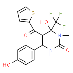 ChemSpider 2D Image | 6-Hydroxy-4-(4-hydroxyphenyl)-1-methyl-5-(2-thienylcarbonyl)-6-(trifluoromethyl)tetrahydro-2(1H)-pyrimidinone | C17H15F3N2O4S