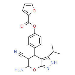 ChemSpider 2D Image | 4-(6-Amino-5-cyano-3-isopropyl-2,4-dihydropyrano[2,3-c]pyrazol-4-yl)phenyl 2-furoate | C21H18N4O4