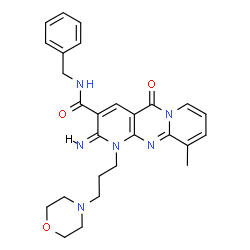 ChemSpider 2D Image | (2E)-N-Benzyl-2-imino-10-methyl-1-[3-(4-morpholinyl)propyl]-5-oxo-1,5-dihydro-2H-dipyrido[1,2-a:2',3'-d]pyrimidine-3-carboxamide | C27H30N6O3