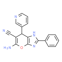 ChemSpider 2D Image | 5-Amino-2-phenyl-7-(3-pyridinyl)-1,7-dihydropyrano[2,3-d]imidazole-6-carbonitrile | C18H13N5O