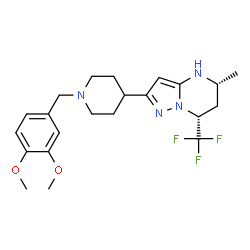 ChemSpider 2D Image | (5R,7R)-2-[1-(3,4-Dimethoxybenzyl)-4-piperidinyl]-5-methyl-7-(trifluoromethyl)-4,5,6,7-tetrahydropyrazolo[1,5-a]pyrimidine | C22H29F3N4O2