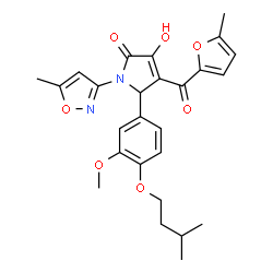 ChemSpider 2D Image | 3-Hydroxy-5-[3-methoxy-4-(3-methylbutoxy)phenyl]-4-(5-methyl-2-furoyl)-1-(5-methyl-1,2-oxazol-3-yl)-1,5-dihydro-2H-pyrrol-2-one | C26H28N2O7