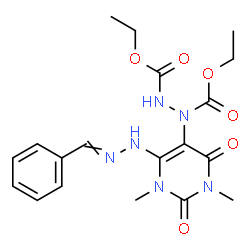 ChemSpider 2D Image | Diethyl 1-[6-(2-benzylidenehydrazino)-1,3-dimethyl-2,4-dioxo-1,2,3,4-tetrahydro-5-pyrimidinyl]-1,2-hydrazinedicarboxylate | C19H24N6O6