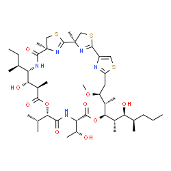 ChemSpider 2D Image | (5R,9S,12S,13S,14R,17S,20S,23R,24S,25S)-12-[(2S)-2-Butanyl]-13-hydroxy-20-[(1R)-1-hydroxyethyl]-23-[(2S,3S,4R)-3-hydroxy-4-methyl-2-heptanyl]-17-isopropyl-25-methoxy-5,9,14,24-tetramethyl-16,22-dioxa-
3,7,28-trithia-11,19,30,31,32-pentaazatetracyclo[25.2.1.1~2,5~.1~6,9~]dotriaconta-1(29),2(32),6(31),27(30)-tetraene-10,15,18,21-tetrone | C44H71N5O10S3