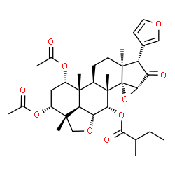 ChemSpider 2D Image | (1aR,3S,3aS,5aR,5bR,6S,8R,8aR,10aR,10bR,11S,11aS,11bS)-6,8-Diacetoxy-3-(3-furyl)-3a,5b,8a,11a-tetramethyl-2-oxohexadecahydro-1aH-oxireno[2',3']cyclopenta[1',2':7,8]phenanthro[10,1-bc]furan-11-yl 2-met
hylbutanoate | C35H46O10