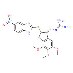 ChemSpider 2D Image | (2E)-2-{4,5,6-Trimethoxy-2-[(5-nitro-1H-benzimidazol-2-yl)sulfanyl]-2,3-dihydro-1H-inden-1-ylidene}hydrazinecarboximidamide | C20H21N7O5S