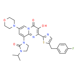 ChemSpider 2D Image | 2-[5-(4-Fluorobenzyl)-1,3-thiazol-2-yl]-3-hydroxy-9-(3-isopropyl-2-oxo-1-imidazolidinyl)-7-(4-morpholinyl)-4H-pyrido[1,2-a]pyrimidin-4-one | C28H29FN6O4S
