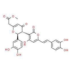 ChemSpider 2D Image | Methyl {(2S,3R)-2-(3,4-dihydroxyphenyl)-6'-[(E)-2-(3,4-dihydroxyphenyl)vinyl]-4'-hydroxy-2',4-dioxo-3,4-dihydro-2H,2'H-3,3'-bipyran-6-yl}acetate | C27H22O11
