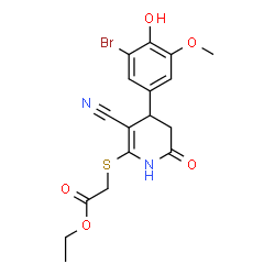 ChemSpider 2D Image | Ethyl {[4-(3-bromo-4-hydroxy-5-methoxyphenyl)-3-cyano-6-oxo-1,4,5,6-tetrahydro-2-pyridinyl]sulfanyl}acetate | C17H17BrN2O5S