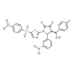 ChemSpider 2D Image | 4-[Hydroxy(4-methylphenyl)methylene]-5-(3-nitrophenyl)-1-{5-[(4-nitrophenyl)sulfonyl]-1,3-thiazol-2-yl}-2,3-pyrrolidinedione | C27H18N4O9S2