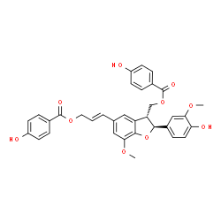 ChemSpider 2D Image | (2E)-3-[(2S,3R)-3-{[(4-Hydroxybenzoyl)oxy]methyl}-2-(4-hydroxy-3-methoxyphenyl)-7-methoxy-2,3-dihydro-1-benzofuran-5-yl]-2-propen-1-yl 4-hydroxybenzoate | C34H30O10